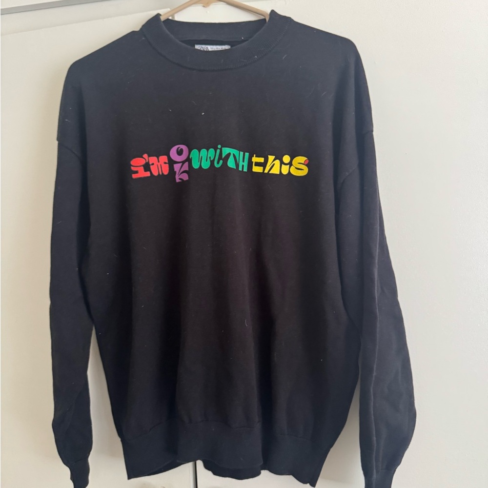 Zara Black Crewneck Sweater with Rainbow Graphic
